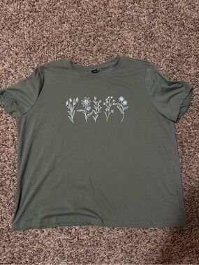 SHEIN Olive Green Short Sleeve Tee with White Floral Line Art